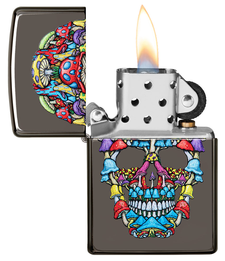 Zippo Feuerzeug grau bunter Totenkopf geöffnet mit Flamme
