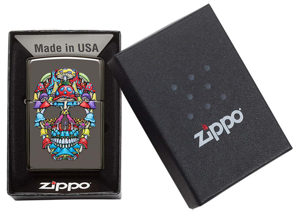 Zippo Feuerzeug grau bunter Totenkopf in offener Box