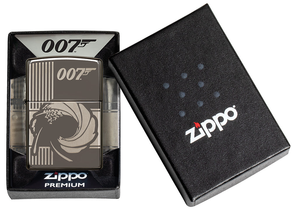 Frontansicht Zippo Feuerzeug grau glänzend James Bond 007 in geöffneter Geschenkverpackung