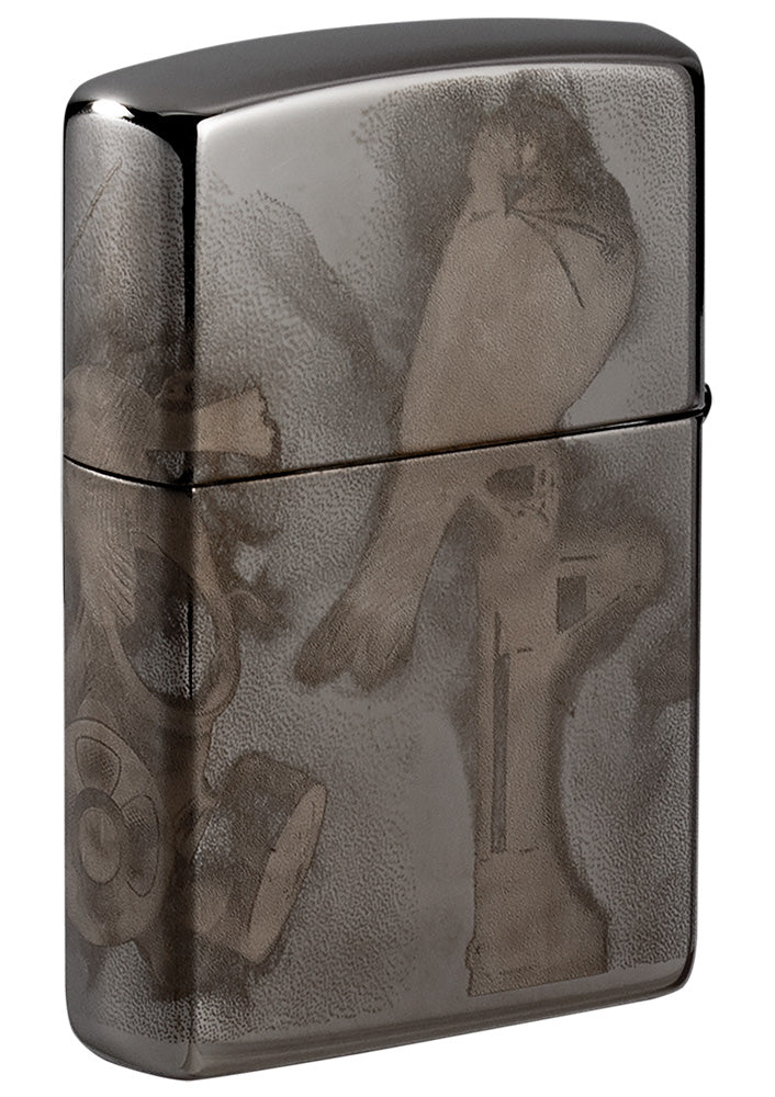 Rückansicht Zippo Feuerzeug High Polish Schwarz mit Design des Künstlers Spazuk