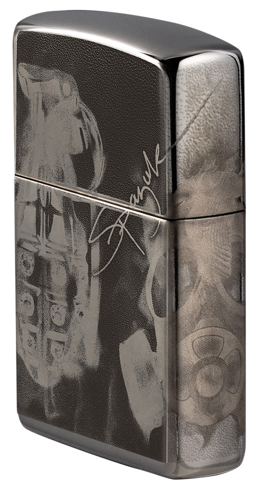 Seitenansicht Zippo Feuerzeug High Polish Schwarz mit Design des Künstlers Spazuk