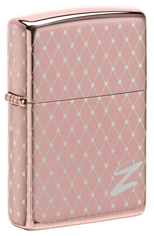 Frontansicht 3/4 Winkel Zippo Feuerzeug 360 Grad Lasergravur Rose Gold Netz-Design mit Zippo Logo Online Only