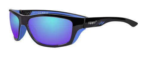 Frontansicht 3/4 Winkel Zippo Sonnenbrille blaue Gläser mit blau-schwarzem Rahmen