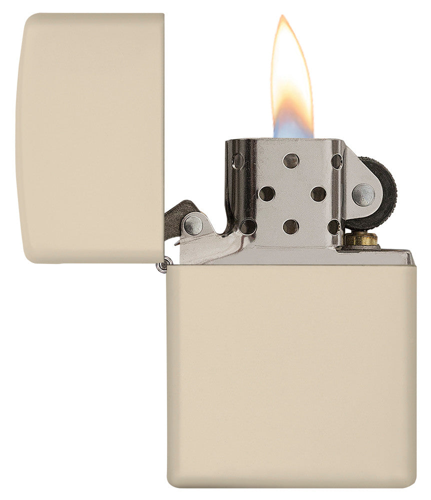 Zippo Feuerzeug Frontansicht Basismodell Creme Matt geöffnet und angezündet