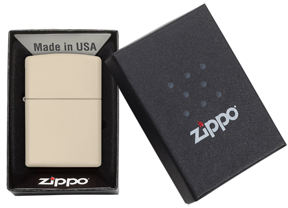 Zippo Feuerzeug Frontansicht Basismodell Creme Matt in offener Geschenkdose