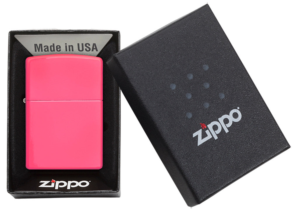  Zippo Feuerzeug Basismodell neon pink in geöffnetem Karton