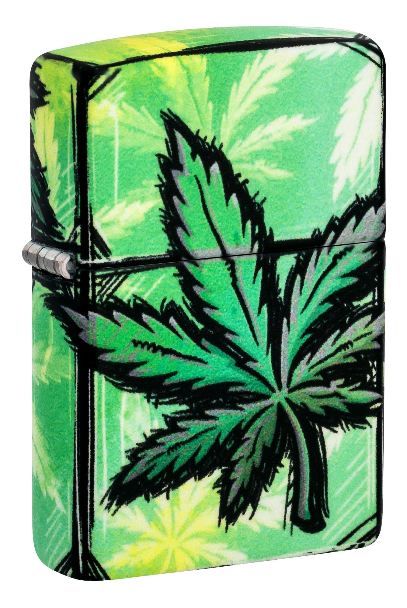 Zippo lighter with cannabis leaf design on a green and yellow patterned background P1