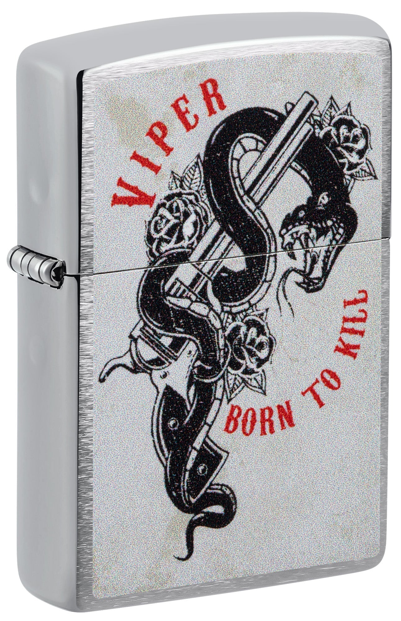 Zippo lighter with snake design and 'Viper Born to Kill' text P1