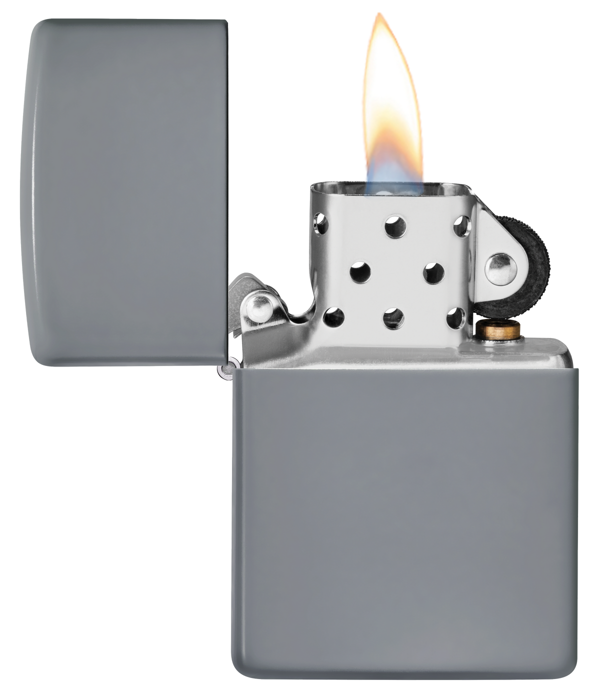 Briquet Zippo vue de face du briquet tempête Zippo Flat Grey ouvert, avec flamme