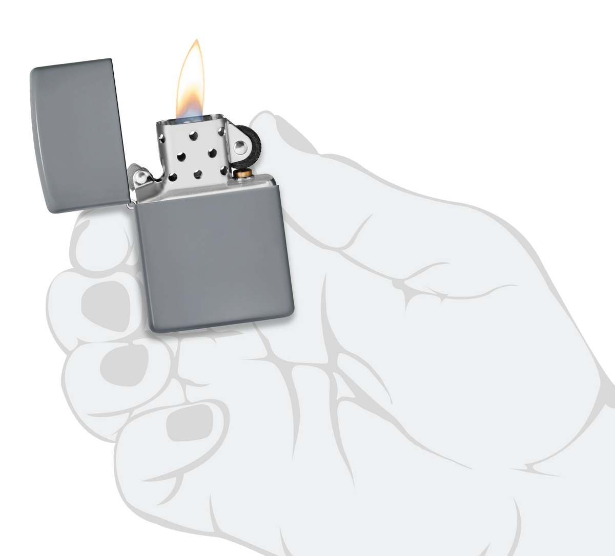 Briquet tempête Zippo Flat Grey dans une main pour représenter la taille du briquet
