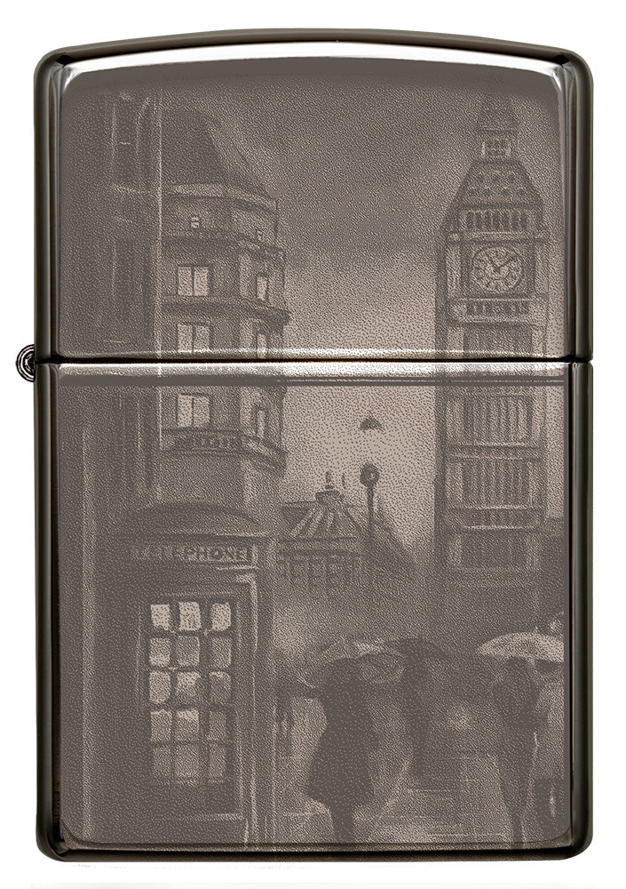 Zippo Feuerzeug Frontansicht Black Ice® mit 360° Abbildung von Big Ben in London