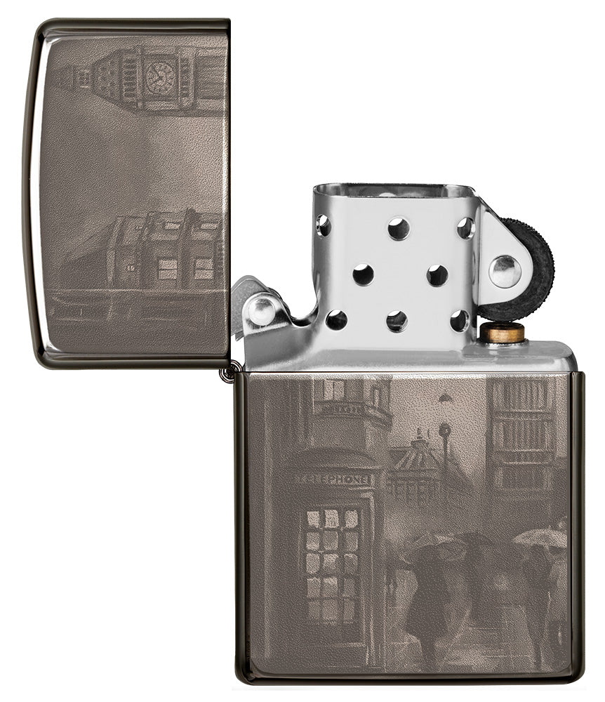 Frontansicht Zippo Feuerzeug Black Ice® geöffnet mit 360° Abbildung von Big Ben in London