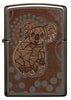 Zippo Feuerzeug Frontansicht Black Ice® mit farbiger Abbildung von einem Koala im Stil der Aborigine Kunst