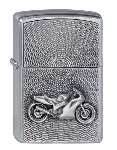 Frontansicht 3/4 Winkel Zippo Feuerzeug Chrom mit Motorrad Emblem