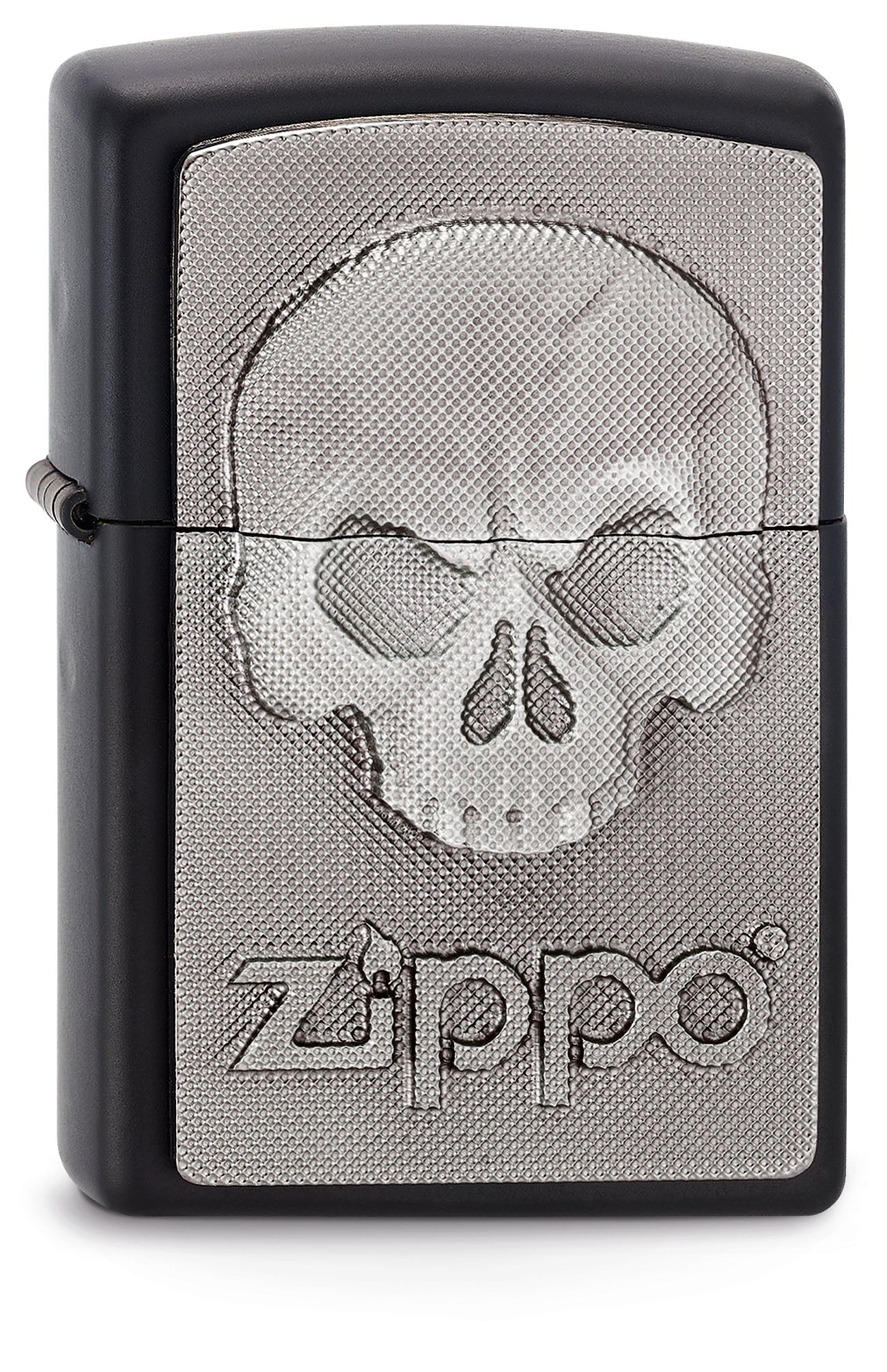 Frontansicht 3/4 Winkel Zippo Feuerzeug schwarz Totenschädel ohne Kiefer mit Zippo Logo darunter Emblem