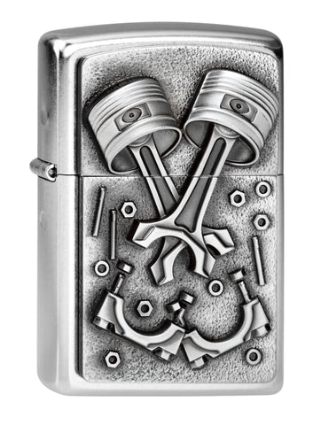 Frontansicht 3/4 Winkel Zippo Feuerzeug Chrom Motorteile Emblem