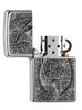 Zippo Feuerzeug Chrome Zippo Flamme mit Blattmaserung Emblem geöffnet