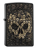 Frontansicht 3/4 Winkel Zippo Feuerzeug schwarz Totenkopf bestehend aus vielen kleinen Totenköpfen Emblem