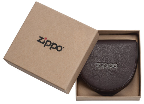  Münzbörse braun Leder mit Zippo Logo  in offener Geschenkbox