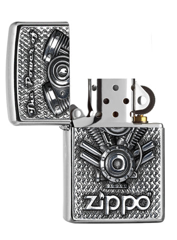 Zippo Feuerzeug chrom mit Motorteilen geöffnet