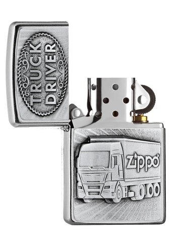 Zippo Feuerzeug chrom mit Zippo LKW geöffnet