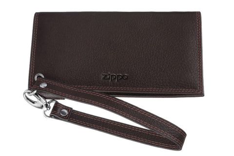 Frontansicht Zippo Tabakbeutel braun Leder mit Zippo Logo
