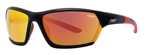 Frontansicht 3/4 Winkel Zippo Sonnenbrille mit schwarzem Gestell und orangefarbenen Gläsern