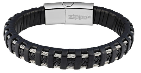 Frontansicht Zippo Armband Edelstahlschnüre von Ledergeflecht umgeben