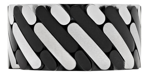 Zippo Edelstahlring Frontansicht mit optisch angebrachten Ausrufezeichen in schwarz und silberfarben