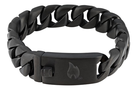 Rückseite Zippo Armband Edelstahl schwarz mit dicken Gliedern und Zippo Flamme außen am Verschluss