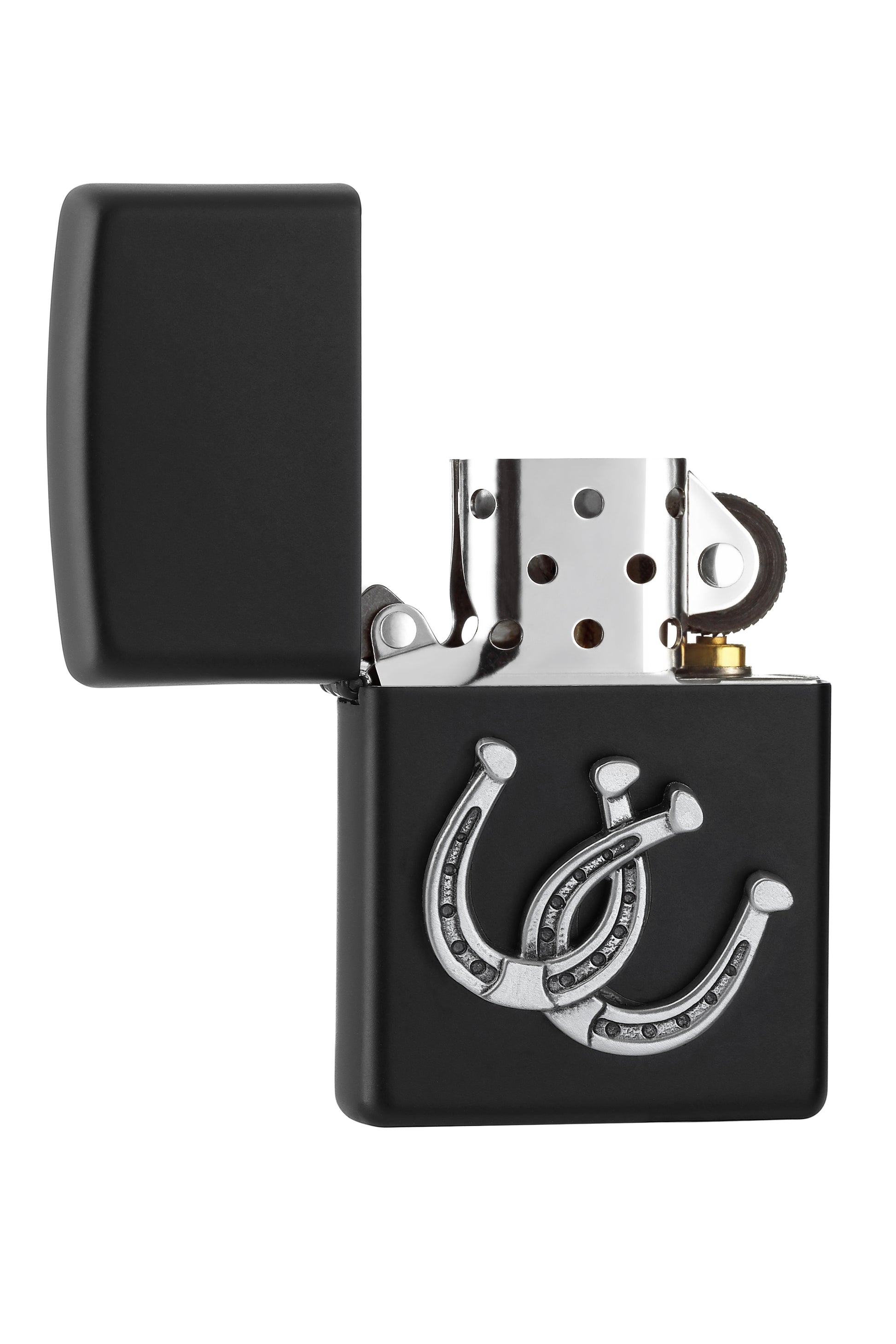 Zippo Feuerzeug schwarz mit zwei Hufeisen Emblem geöffnet