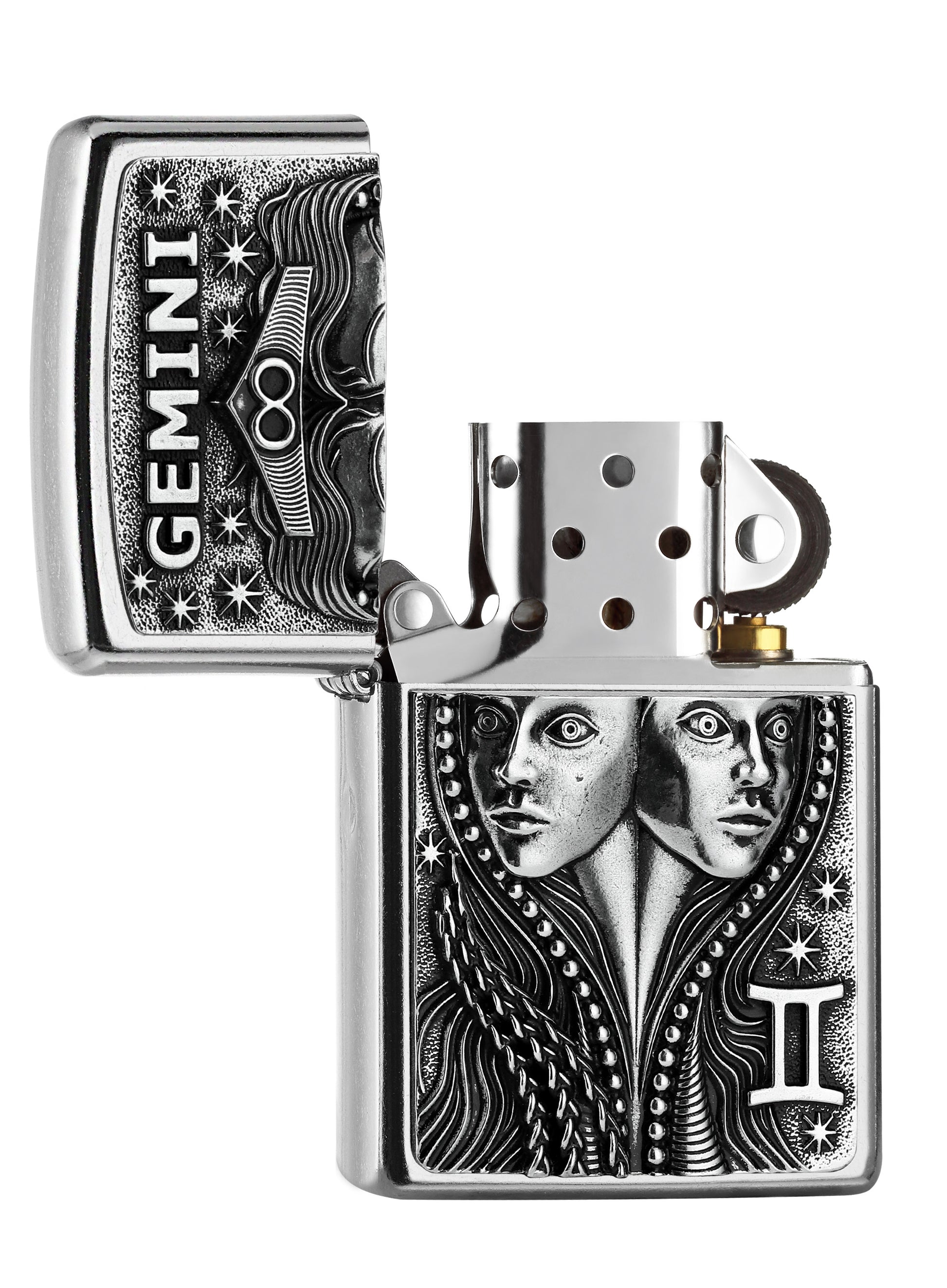  Zippo Feuerzeug Sternzeichen Zwilling Emblem geöffnet