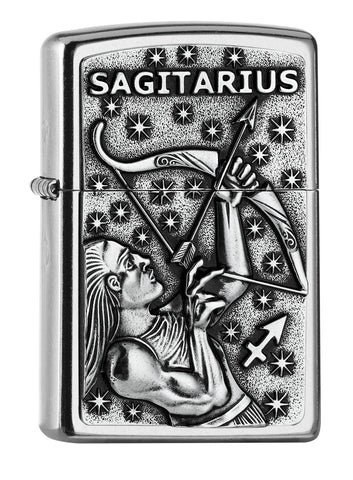 Frontansicht 3/4 Winkel Zippo Feuerzeug chrom Sternzeichen Schütze Emblem