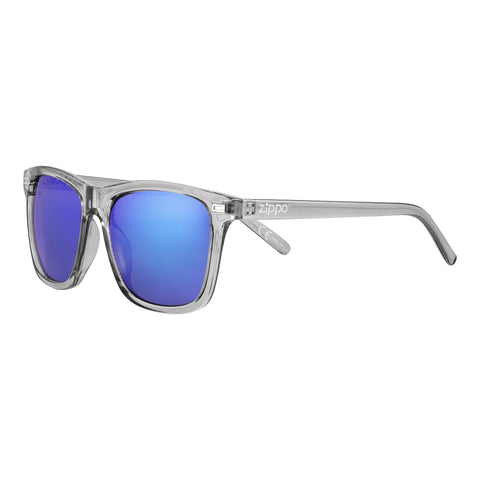 Frontansicht 3/4 Winkel Zippo Sonnenbrille dunkelblaue Gläser mit grau-transparenten Rahmen