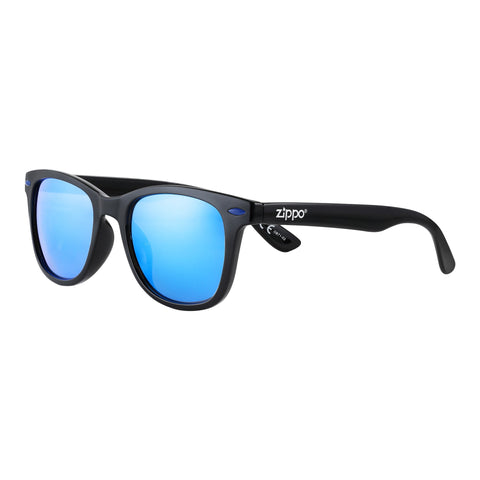 Frontansicht 3/4 Winkel Zippo Sonnenbrille schwarz, eckig, blau verspiegelte Gläser