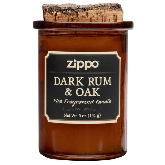Frontansicht Zippo Kerze Dark Rum und Oak braun mit Deckel aus Kork