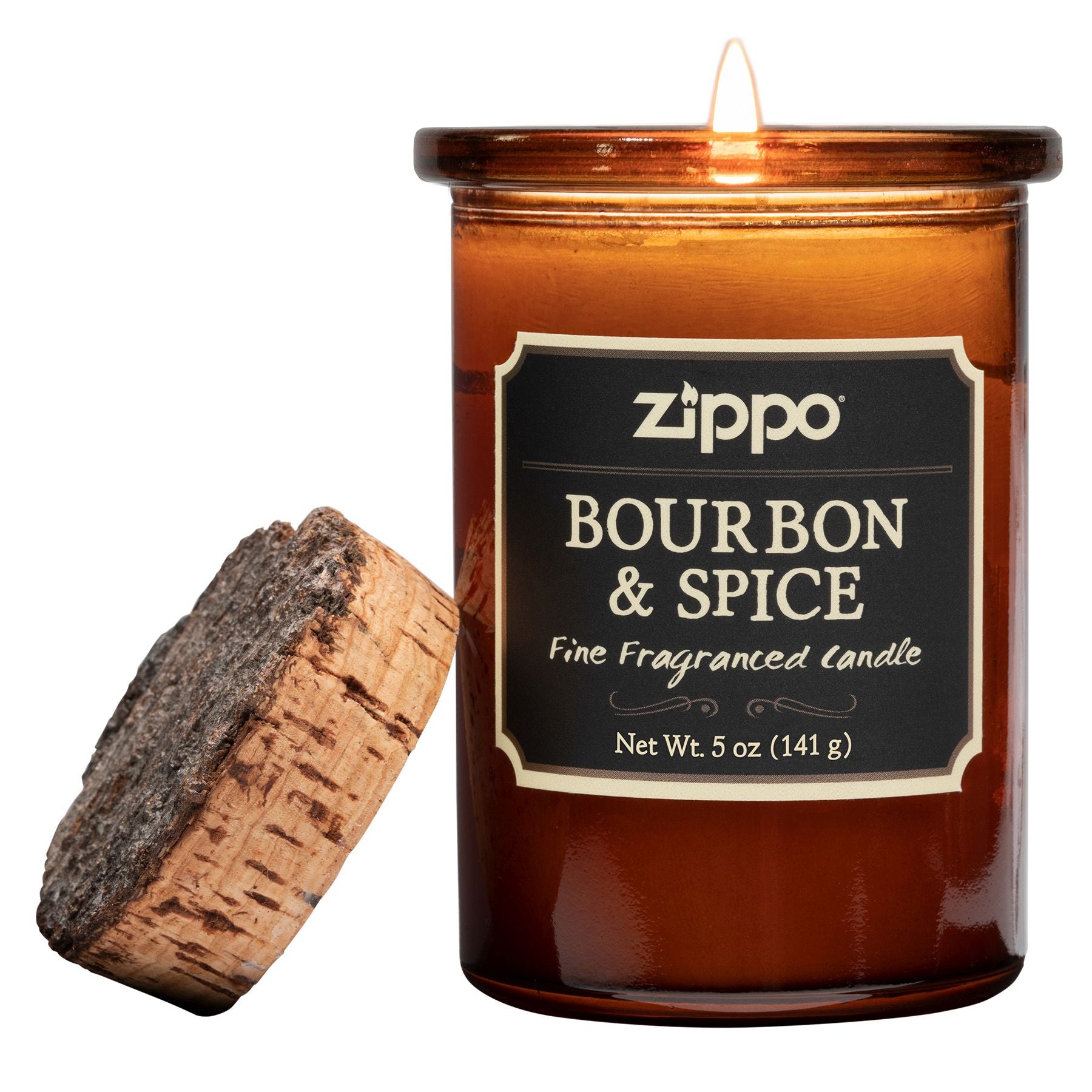 Zippo Kerze Dark Borbon und Spicebraun mit Deckel aus Kork geöffnet mit Flamme