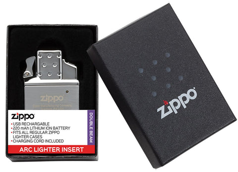 Zippo Lichtbogen Einsatz für Feuerzeuge Frontansicht mit Zippo Logo in offener Box