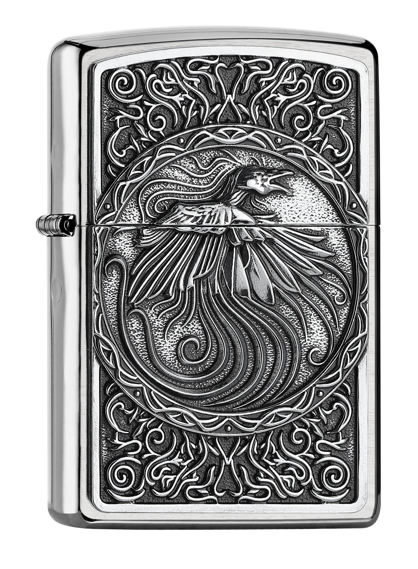Frontansicht 3/4 Winkel Zippo Feuerzeug chrom Phönix Vogel im Kreis umgeben von Schnörkeln