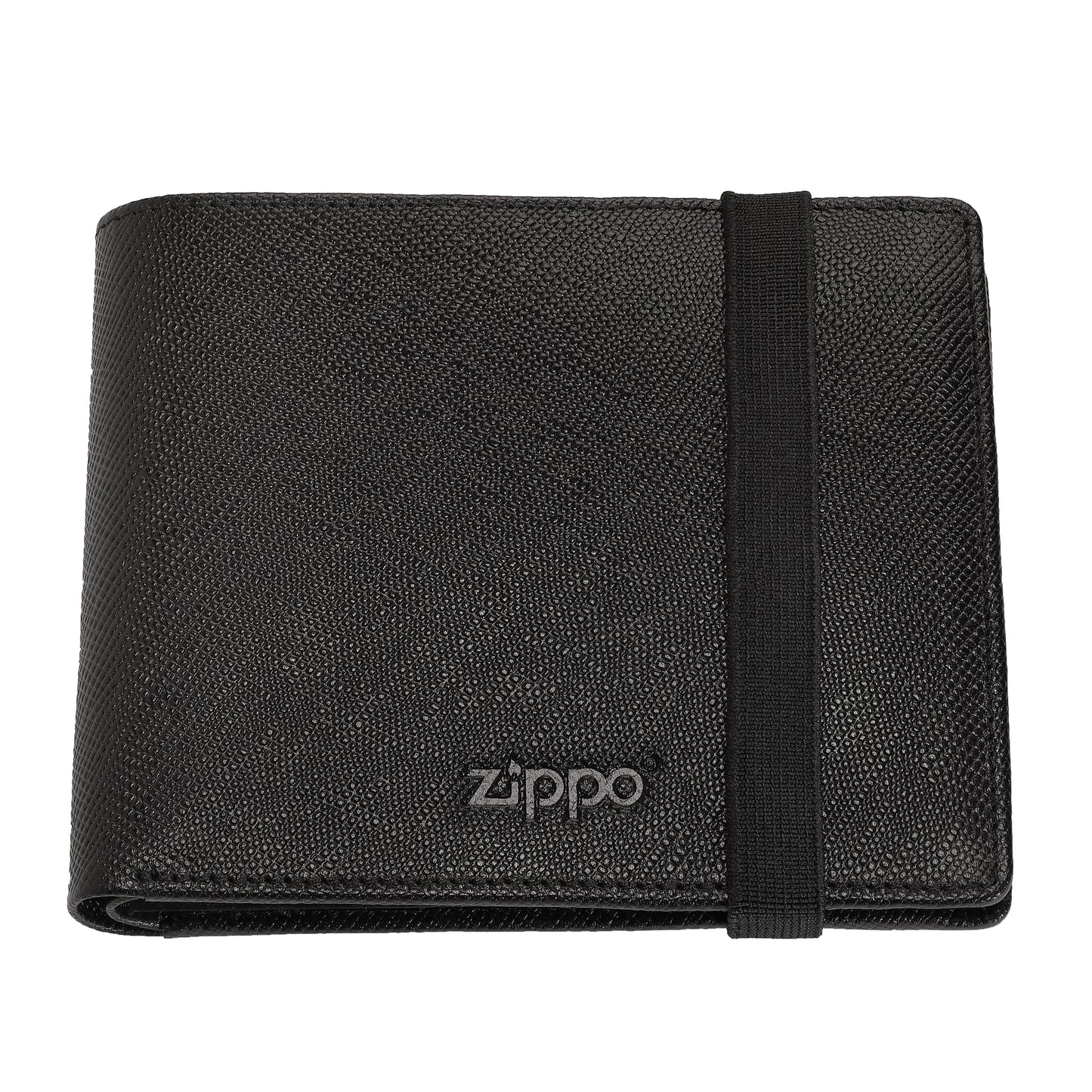 Zippo Portmonee aus Saffiano Leder mit Zippo Logo Frontansicht mit Gummiverschluss