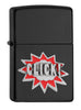 Zippo Feuerzeug Frontansicht ¾ Winkel schwarz matt mit Click Schriftzug in silbern und rot als Emblem