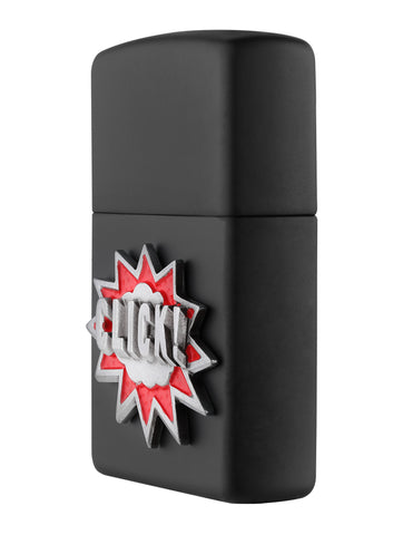 Zippo Feuerzeug Seitenansicht ¾ Winkel schwarz matt mit Click Schriftzug in silbern und rot als Emblem