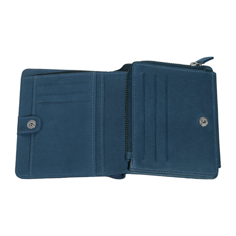 Innenansicht Zippo Querformatige Bi-Fold Zipper Geldbörse aus blauem Leder mit verschieden Fächern für Karten und Geld