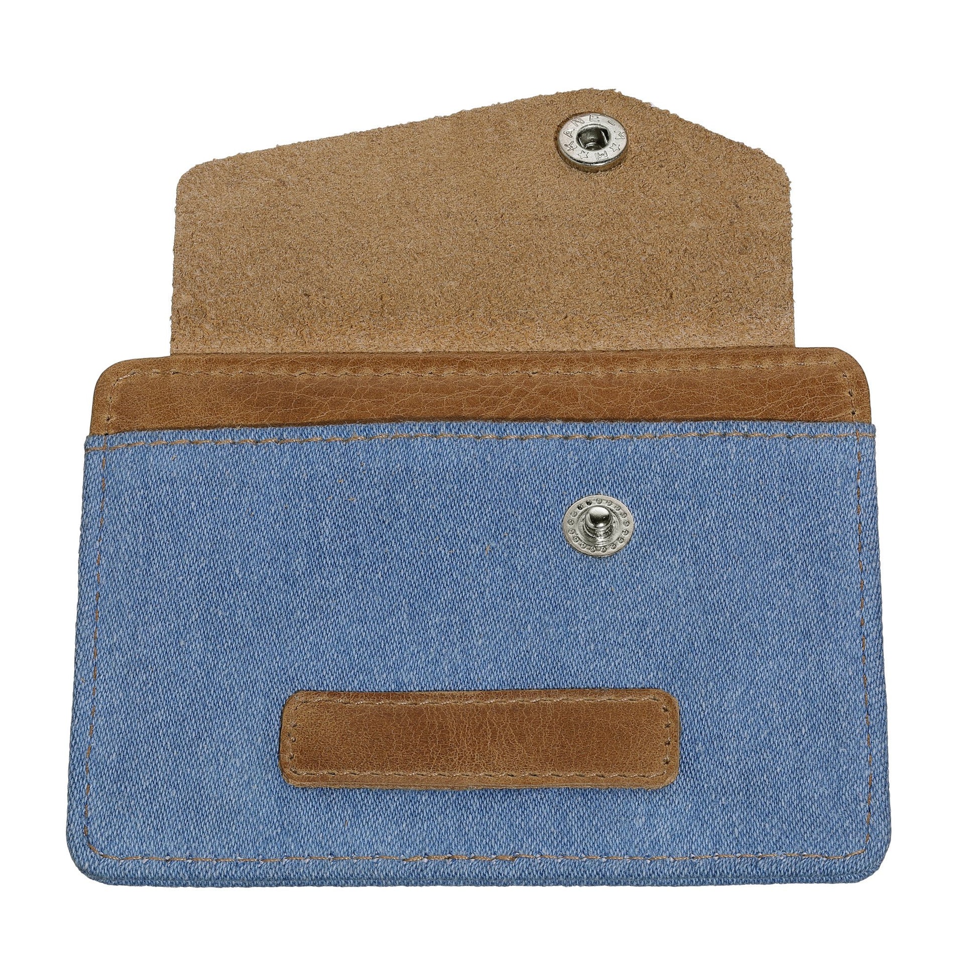 Zippo Kreditkartenetui im Querformat aus Jeansstoff und Leder mit Druckknopf geöffnet