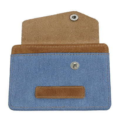 Zippo Kreditkartenetui im Querformat aus Jeansstoff und Leder mit Druckknopf geöffnet