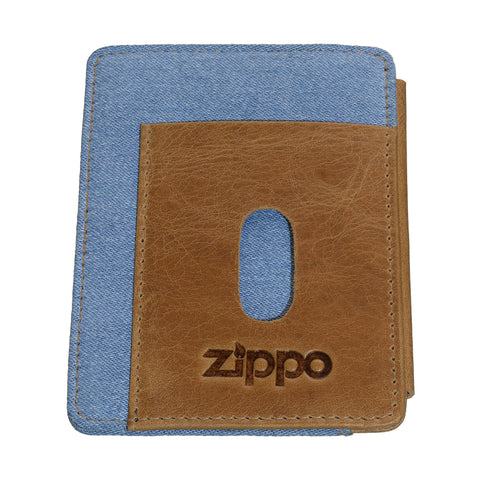 Zippo Kreditkartenetui im Querformat aus Jeansstoff und Leder mit Druckknopf und geprägtem Logo