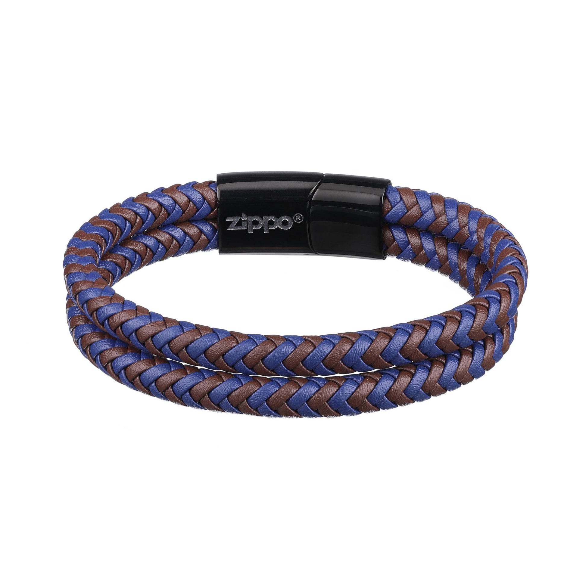 Zippo Lederarmband Frontansicht braun blau geflochten mit schwarzem Edelstahlverschluss und Zippo Logo drauf
