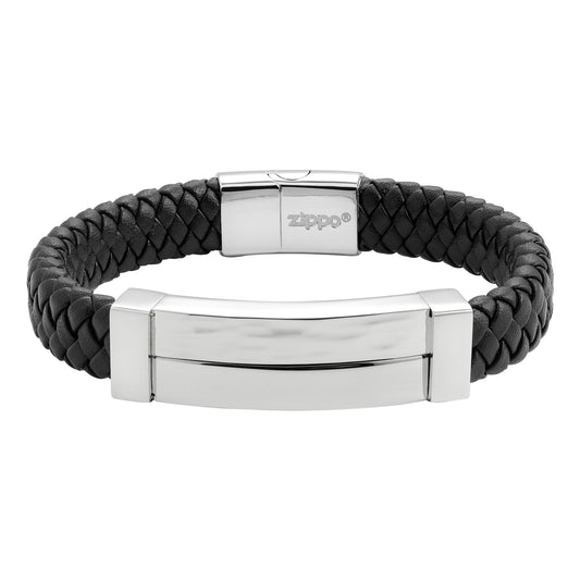 Frontansicht Zippo Armband aus Leder mit Edelstahlschließe und Zippo Logo