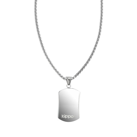 Zippo Edelstahl Halskette Rückansicht mit Anhänger im Dogtag Stil aus Edelstahl und mit Zippo Logo
