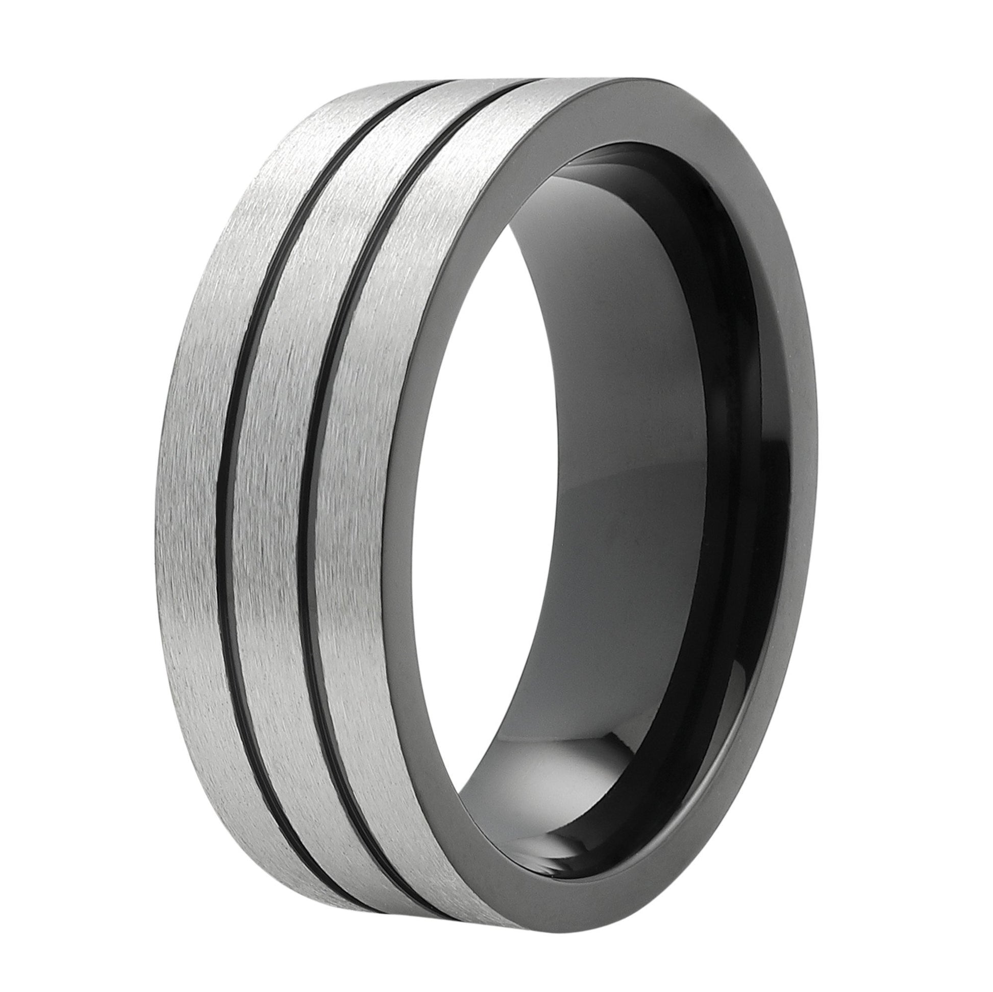 Zippo Ring Frontansicht gebürstetes Edelstahl mit zwei schwarzen Linien eingraviert